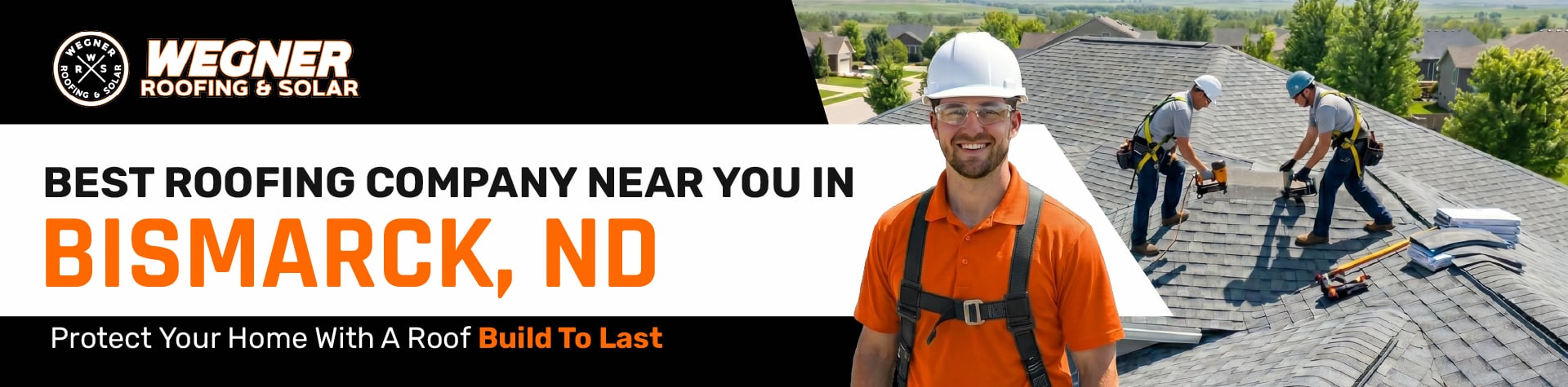 Roofer smiling on roof with team, showing best roofing company near me in Bismarck, ND