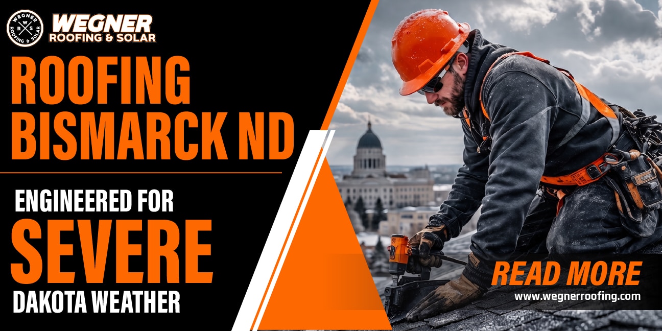 Wegner worker installing severe weather roofing in Bismarck ND with the Capitol building behind him.