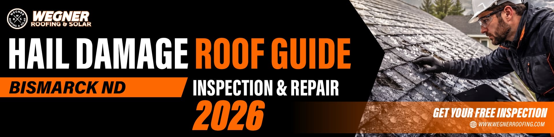 Hail damage roof in Bismarck ND showing roofing professional inspecting hail impacts for repair and insurance needs.