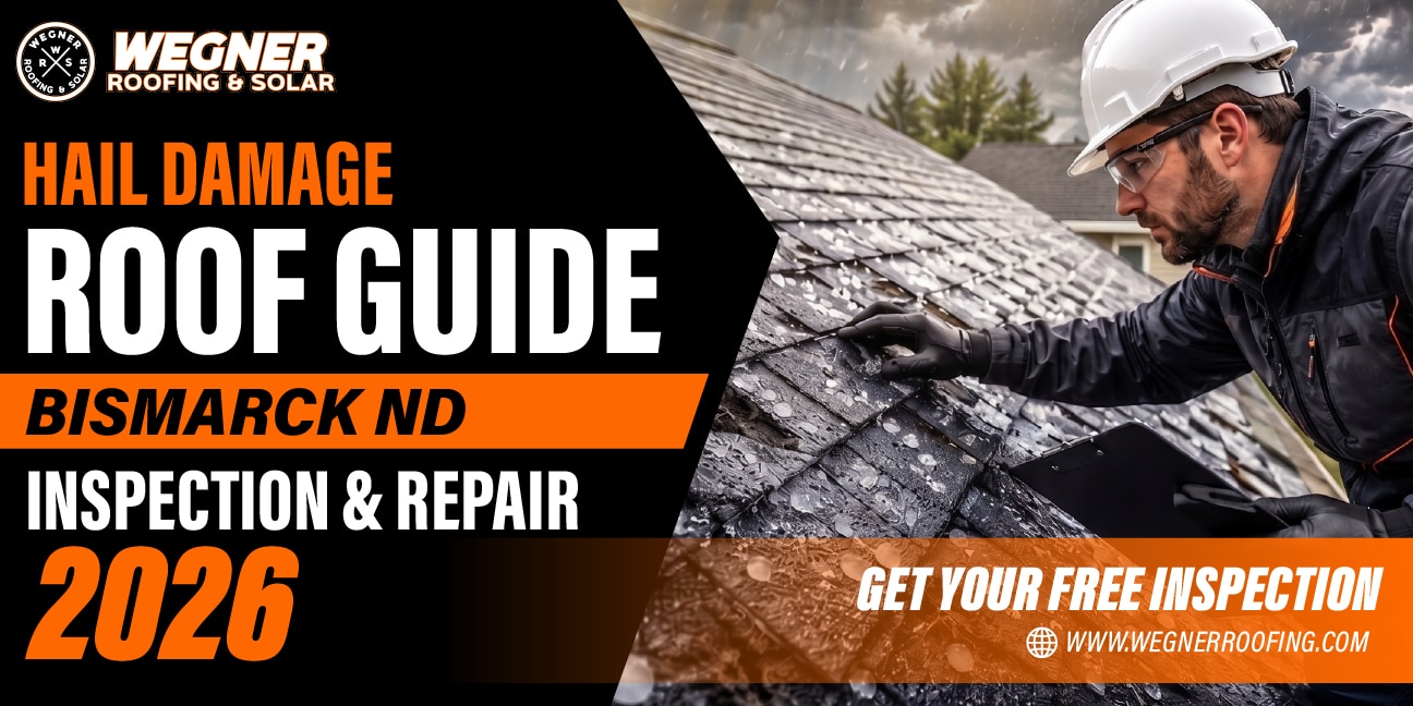 Hail damage roof in Bismarck ND showing a roofing professional inspecting hail impacts for repair and insurance needs.